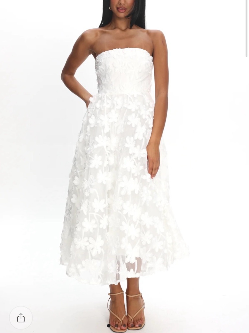 Strapless White Floral Appliqué Midi Dress